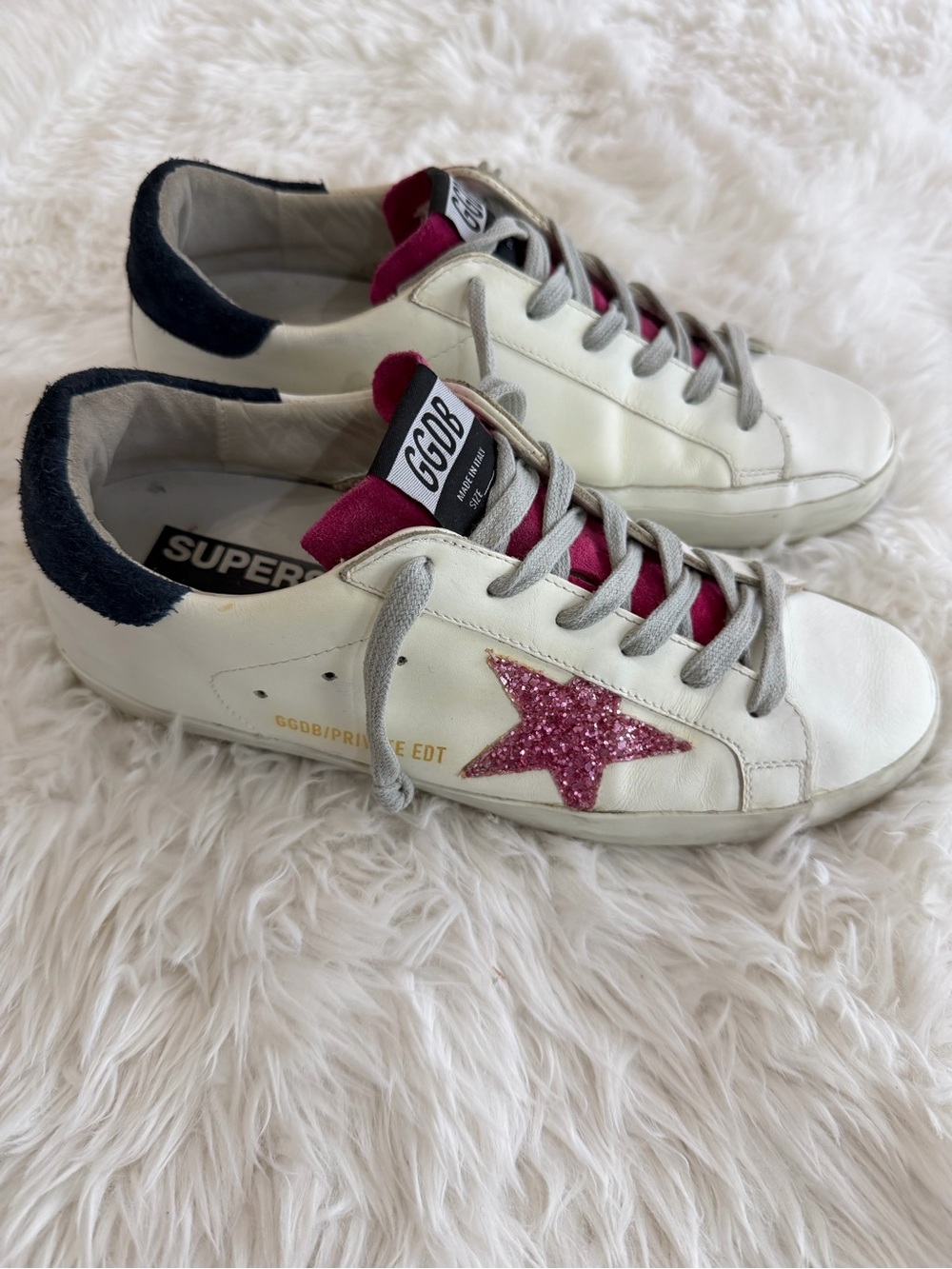Golden Goose Superstar Sneakers with Pink Glitter Star and Navy Heel Size 39 US9